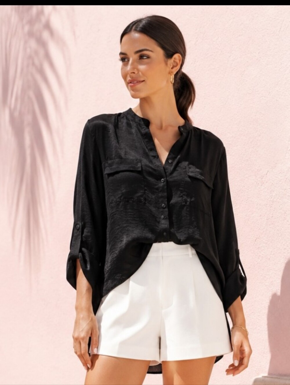 Encoded Black Button-Front Blouse - Picture 3 of 12